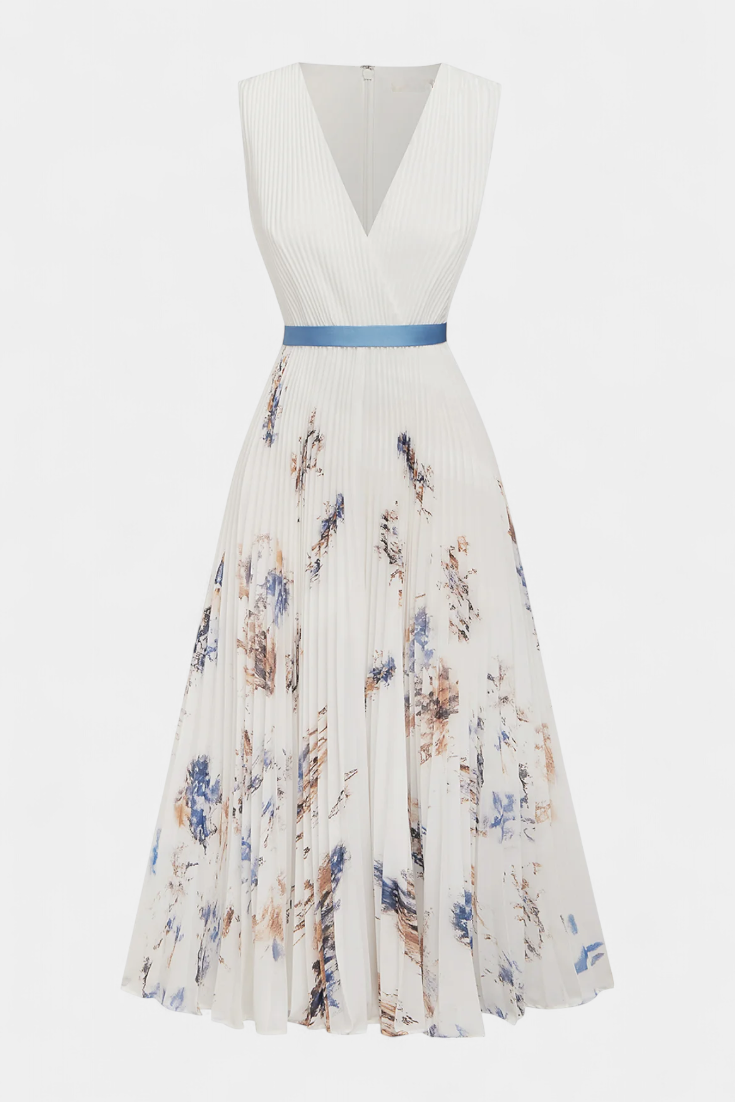 Elise Sleeveless Midi Dress with Floral Print and Pleats