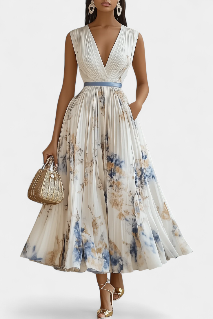 Robe Midi Sans Manches Elise avec Imprimé Floral et Plis