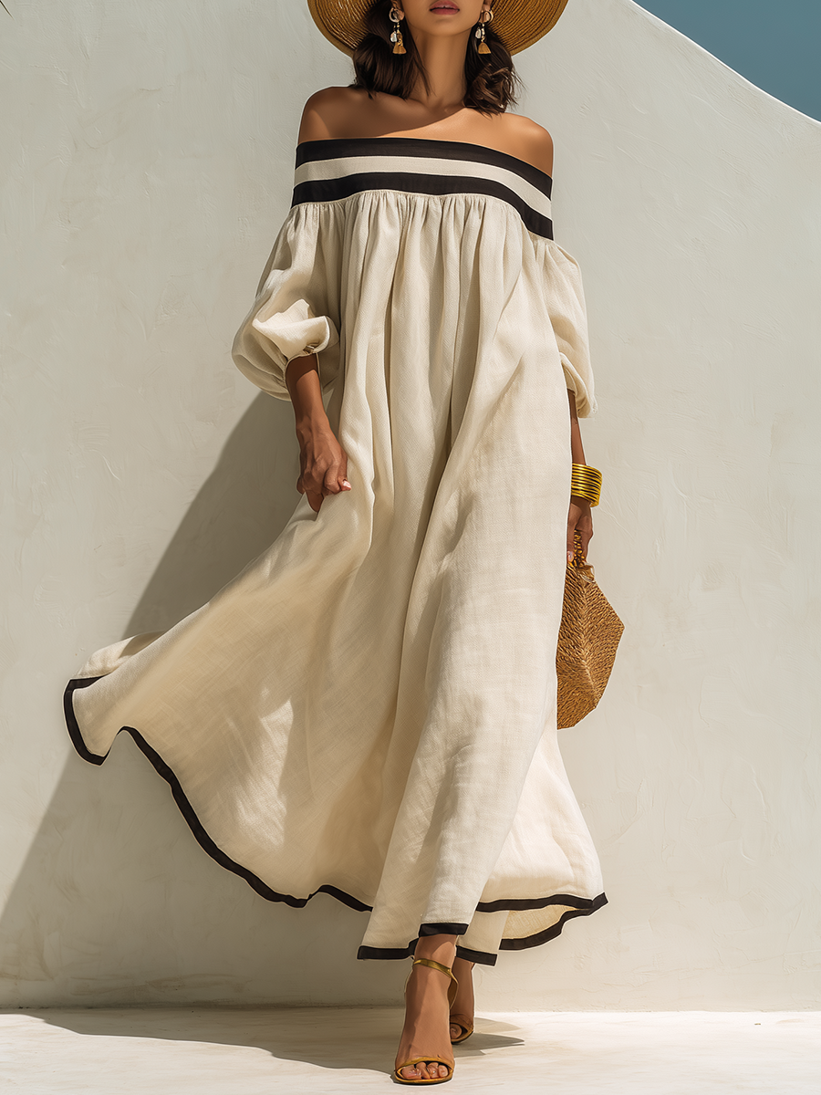 Robe maxi en coton-lin beige, sans épaules et à coupe ample avec des blocs de couleur.