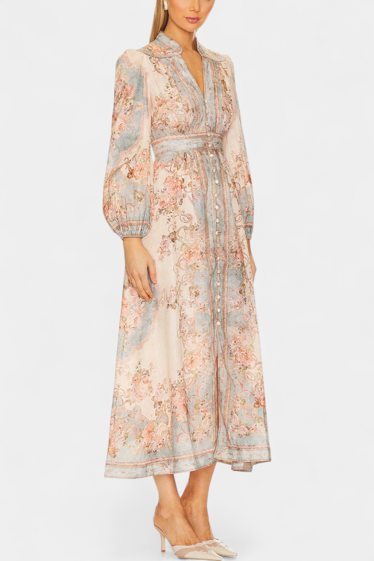 Robe Maxi Évasée Dorotila avec Imprimé Floral, Boutons et Manches Ballon