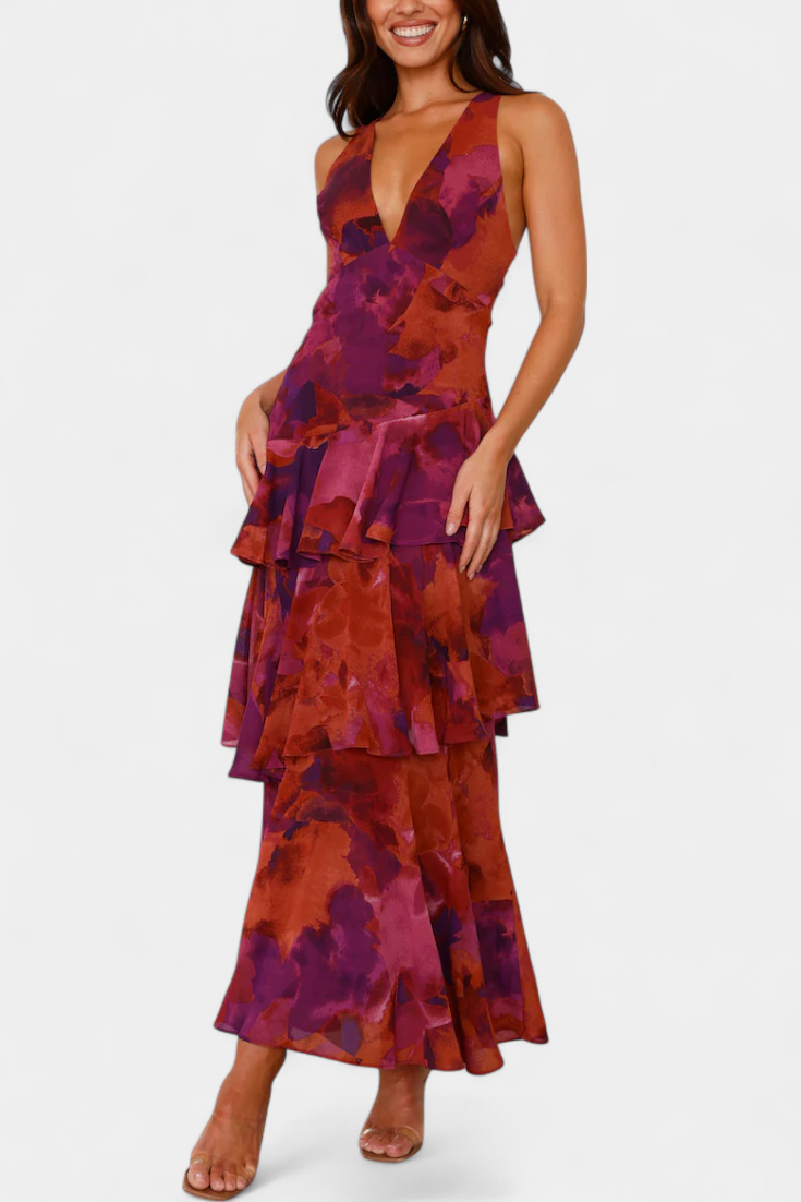 Robe Domenica en Chiffon avec Décolleté en V et Couches Fluides