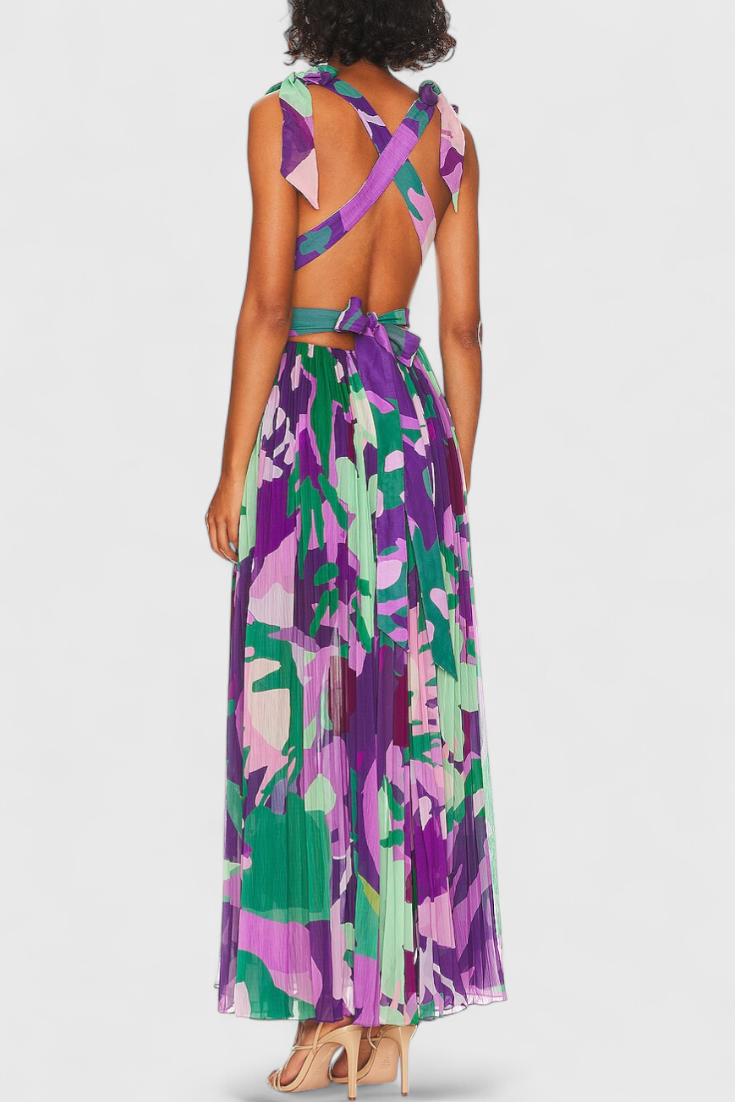 Cecil Pleated Dress with Watercolor Print and Open Back