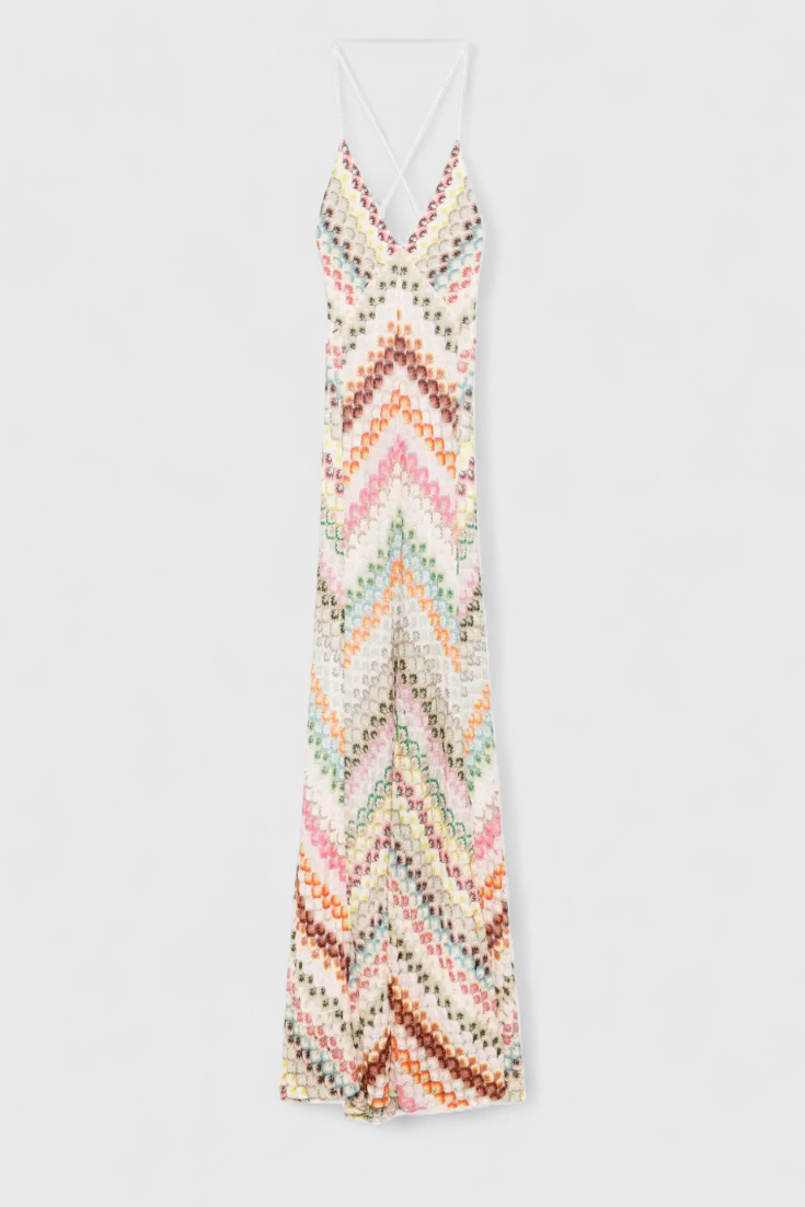 Long Agustina Dress in Lace with V-Neck and Zigzag Pattern