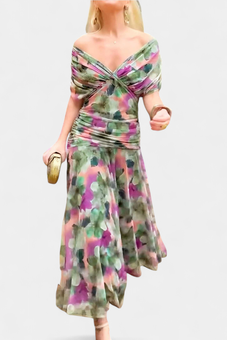 Long Alondra Dress with Floral Print and V-Neck