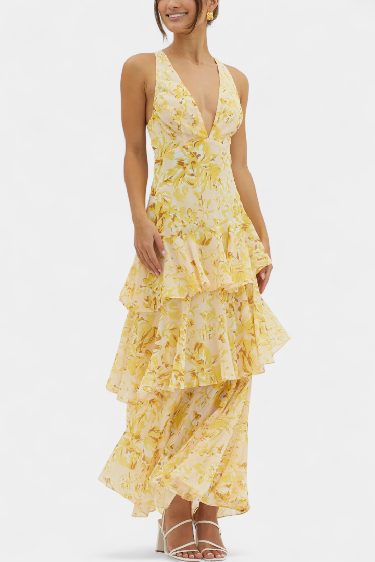 Robe Domenica en Chiffon avec Décolleté en V et Couches Fluides