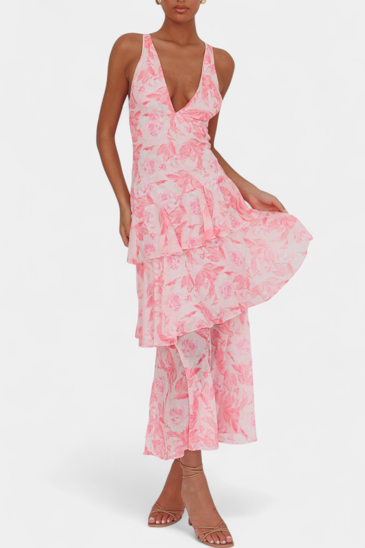 Robe Domenica en Chiffon avec Décolleté en V et Couches Fluides