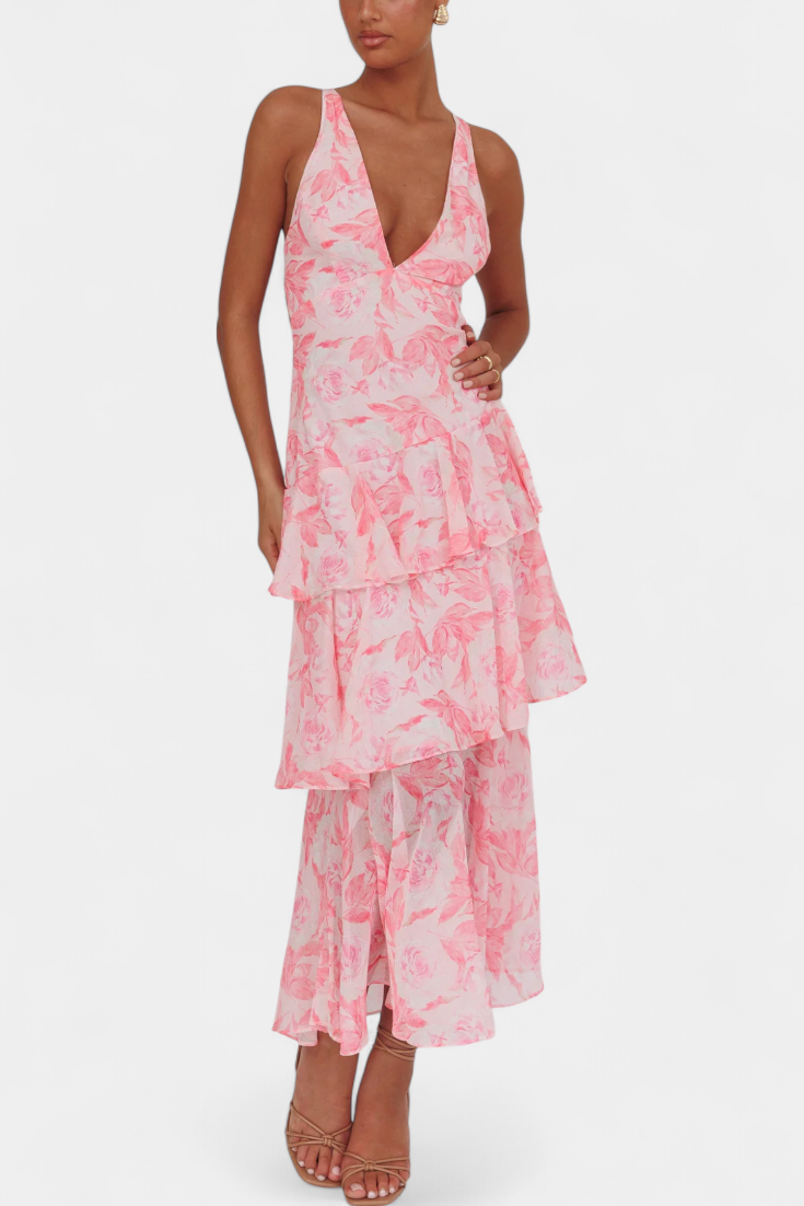 Robe Domenica en Chiffon avec Décolleté en V et Couches Fluides