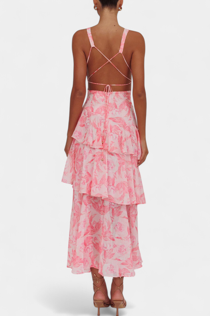 Robe Domenica en Chiffon avec Décolleté en V et Couches Fluides