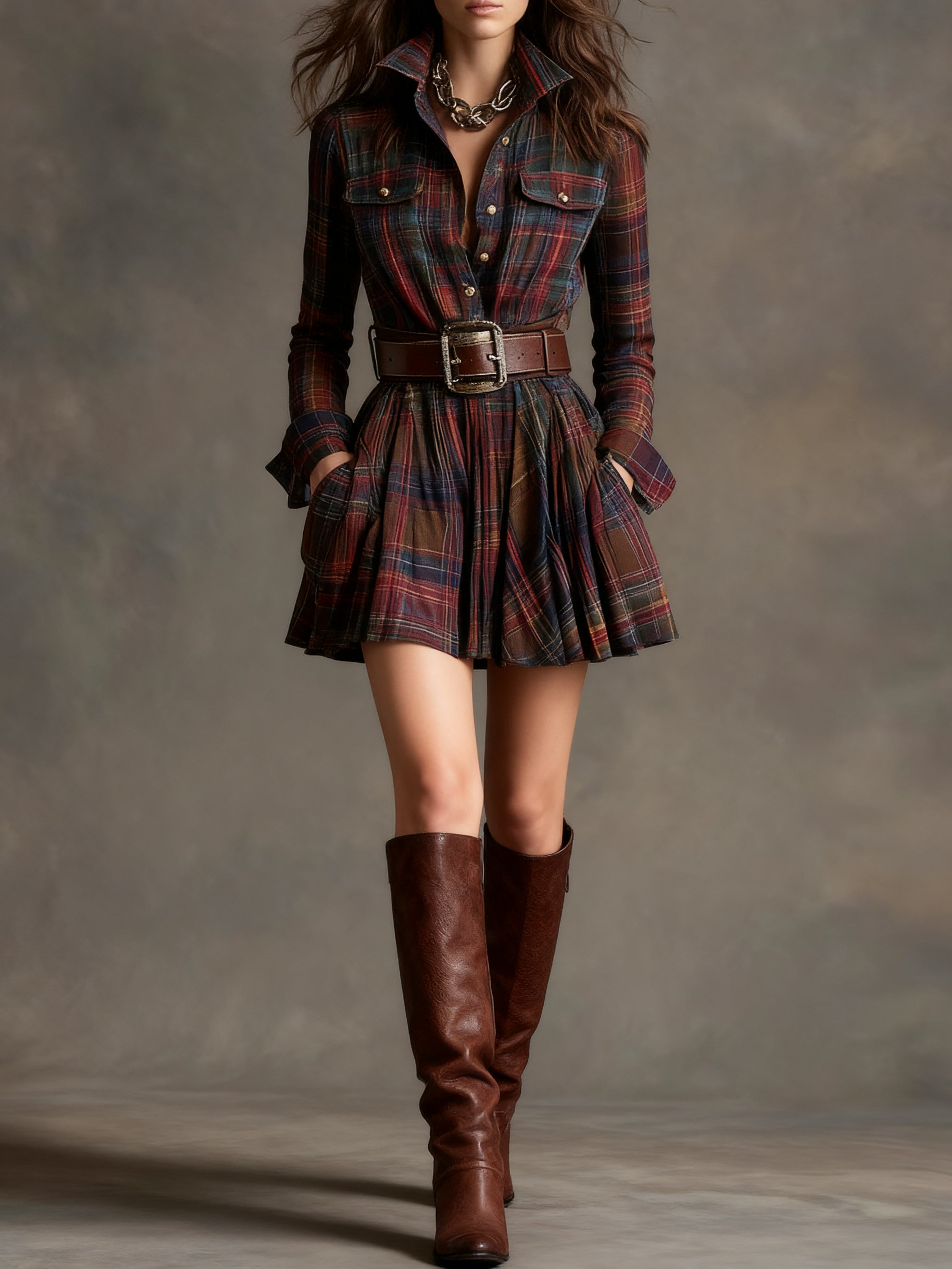 Robe mini vintage à carreaux rouges et bruns (comprend une ceinture)