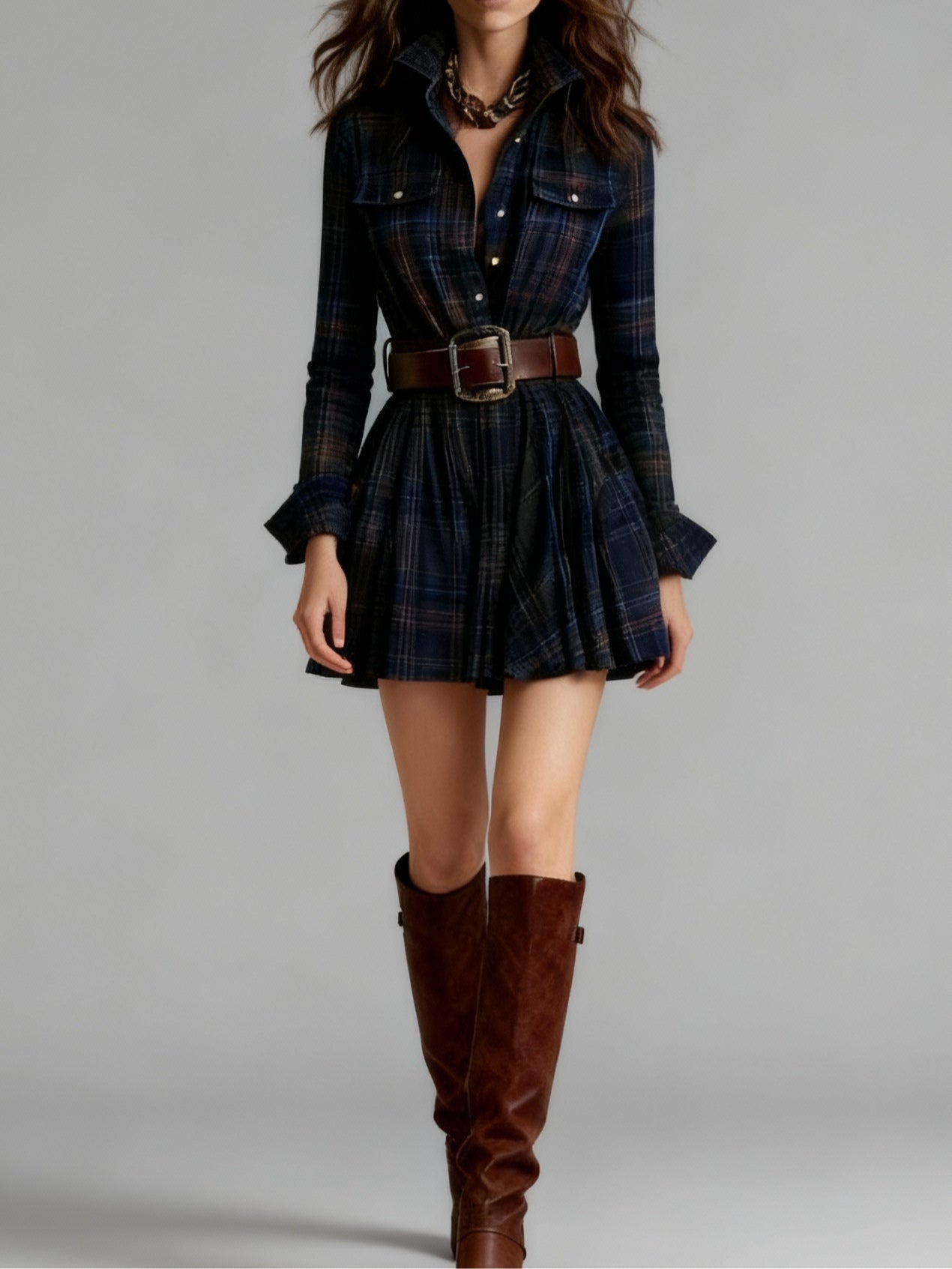 Robe Mini Vintage à Carreaux Rouges et Marron (Inclut une ceinture)