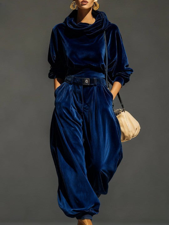 Ensemble de hoodie en velours brun vintage et pantalon ample (comprend une ceinture)