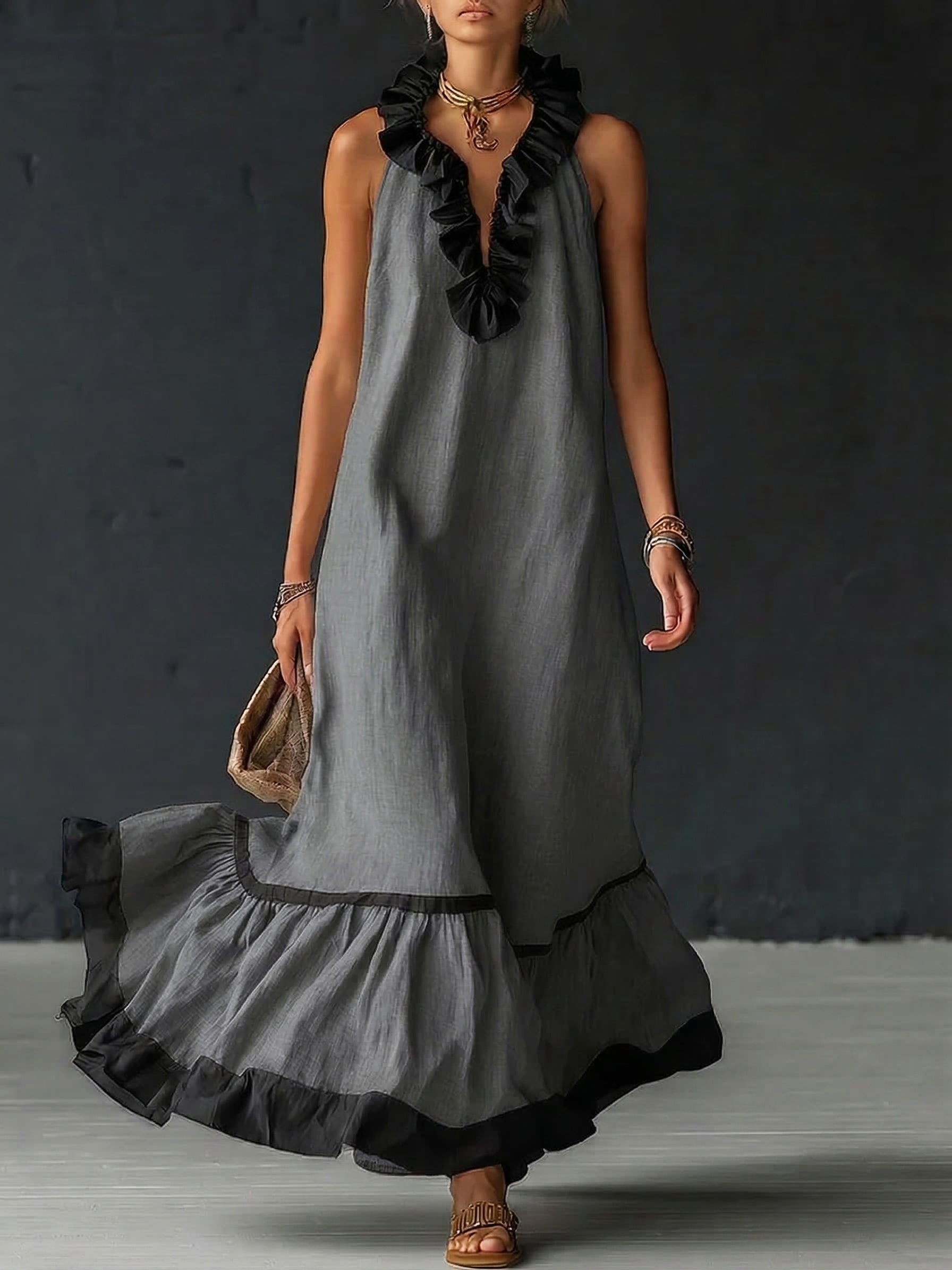 Robe Maxi Élégante et Romantique à Volants en Coloris Bloqués