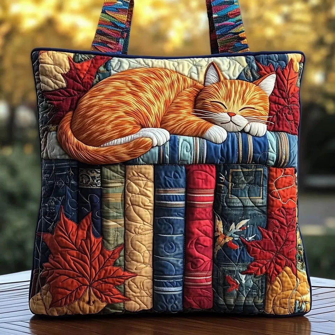 Sac Artisanal Matelassé - Chat Roux et Feuilles d'Automne