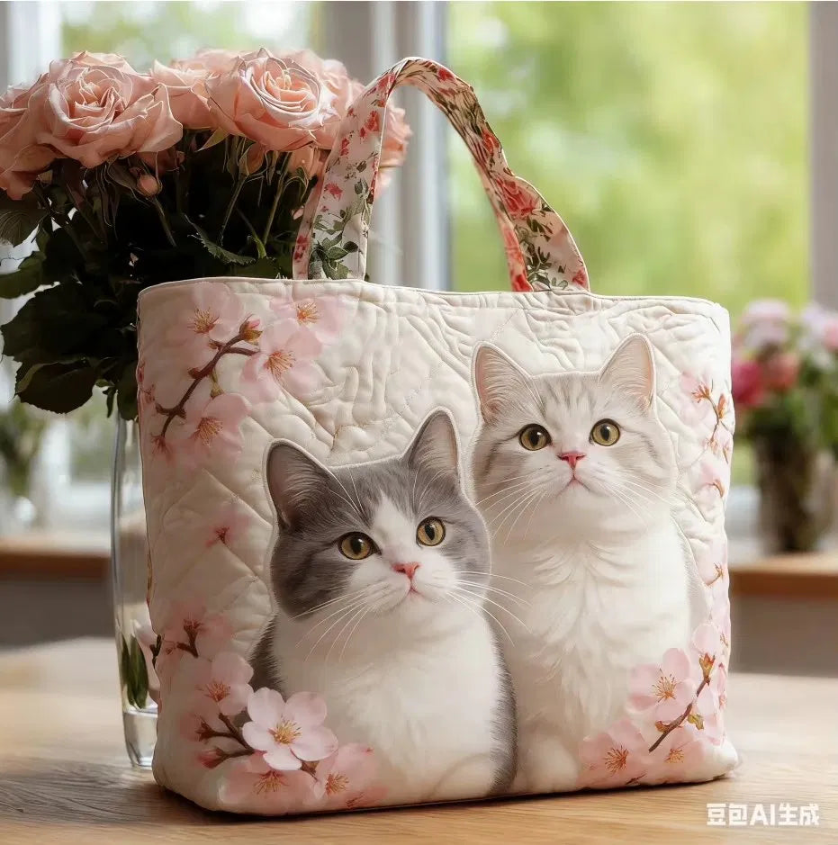 Sac Artisanal Matelassé - Duo de Chats aux Cerisiers