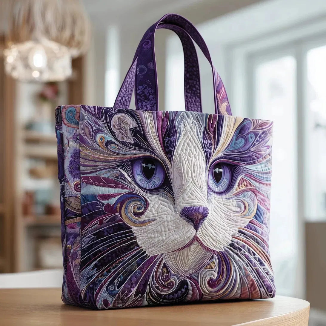 Sac Artisanal Matelassé - Portrait de Chat Violet
