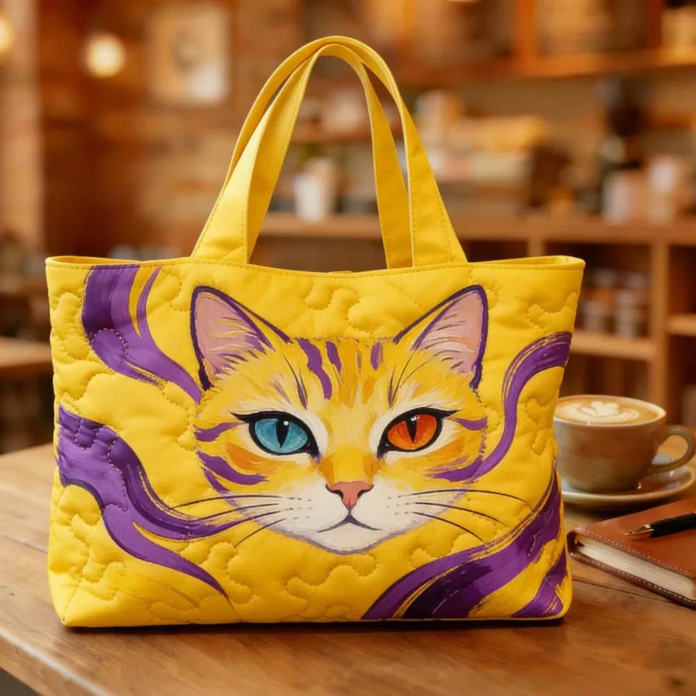 Sac Artisanal Matelassé - Chat Tigré Jaune et Violet
