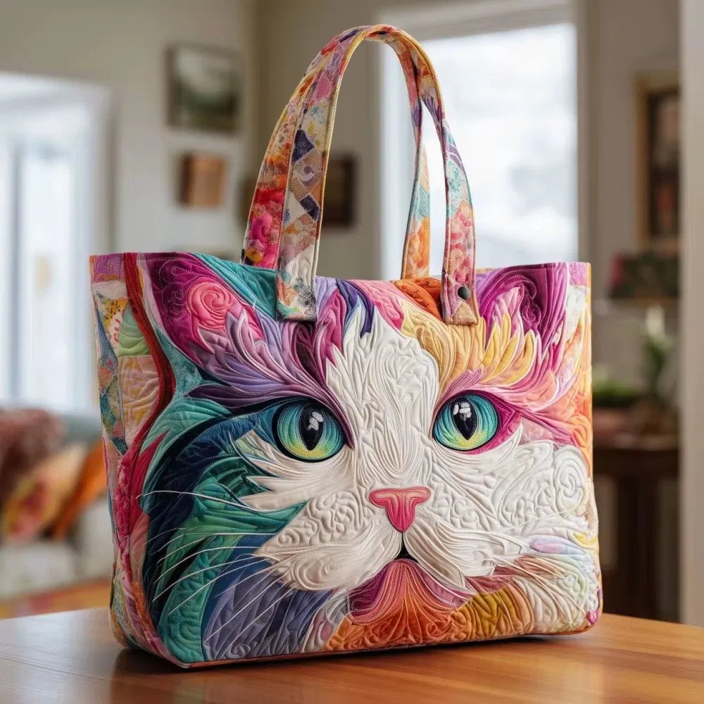 Sac Artisanal Matelassé - Portrait de Chat Coloré
