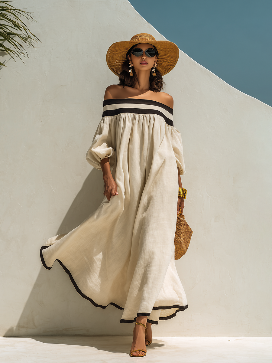 Robe maxi en coton-lin beige, sans épaules et à coupe ample avec des blocs de couleur.