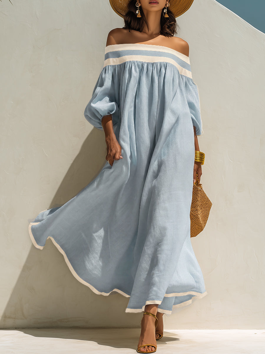 Robe maxi en coton-lin beige, sans épaules et à coupe ample avec des blocs de couleur.