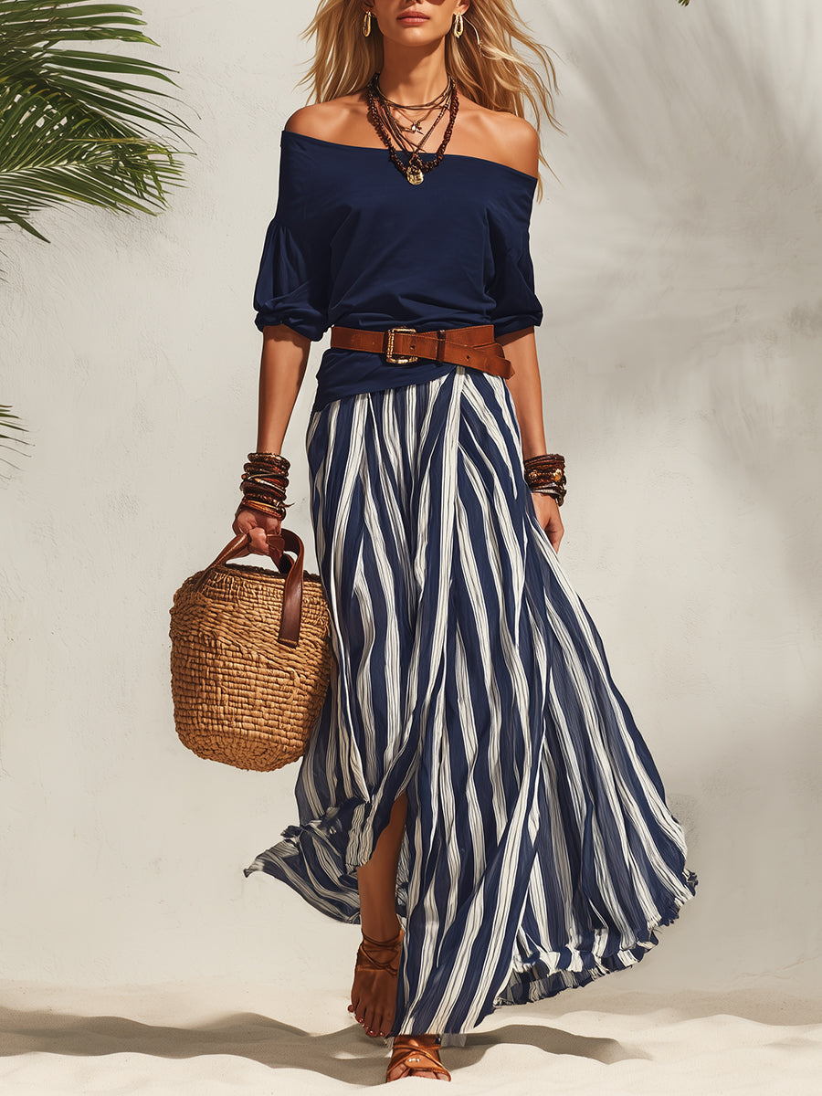 Ensemble Top Off-the-shoulder Bleu Marine et Jupe en Chiffon Rayée Bleu Marine et Blanche avec Fente Style Vacances Nautiques