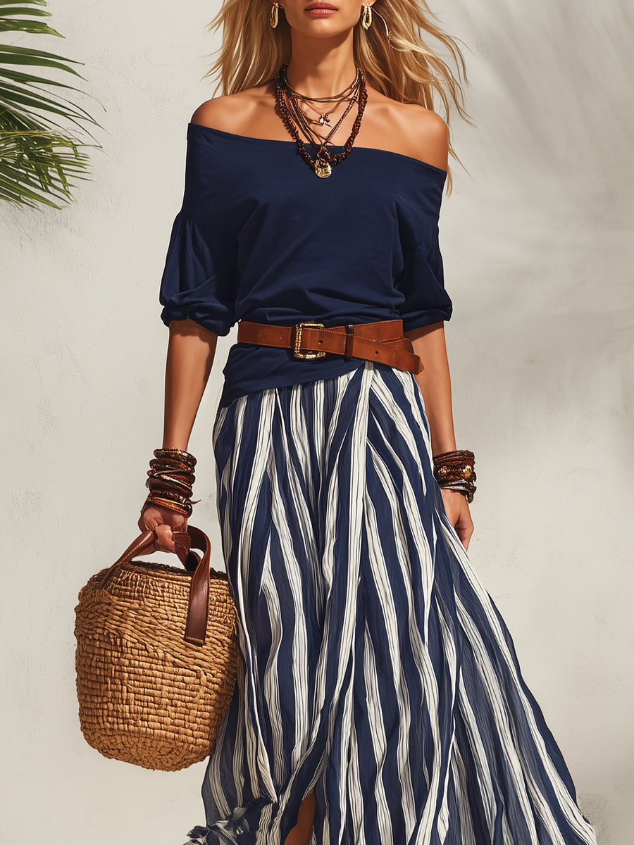 Ensemble Top Off-the-shoulder Bleu Marine et Jupe en Chiffon Rayée Bleu Marine et Blanche avec Fente Style Vacances Nautiques
