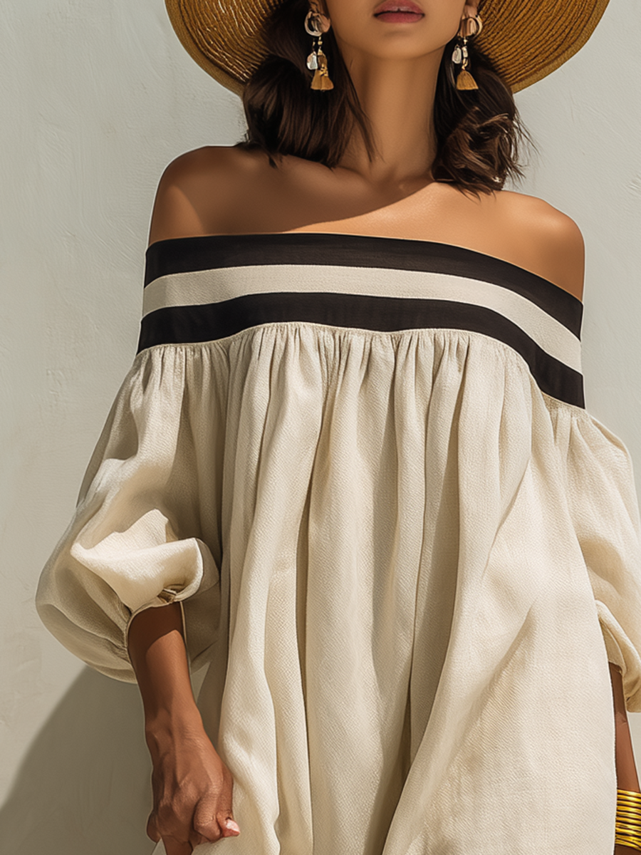 Robe maxi en coton-lin beige, sans épaules et à coupe ample avec des blocs de couleur.