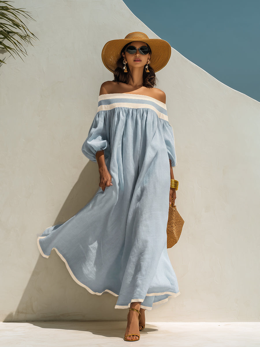 Robe maxi en coton-lin beige, sans épaules et à coupe ample avec des blocs de couleur.