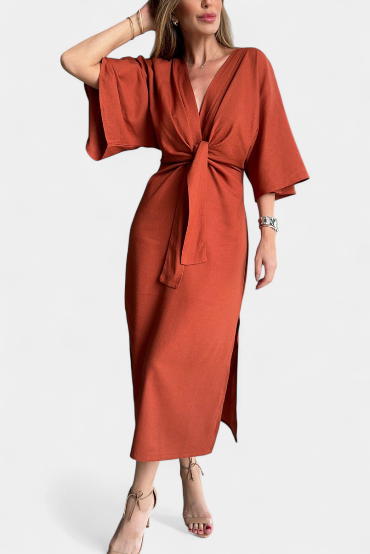Ainhoa Casual Dress with Front Knot and V-Neck