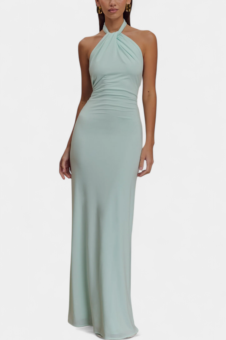 Fitted Halter Trinity Dress with Ruching and Open Back
