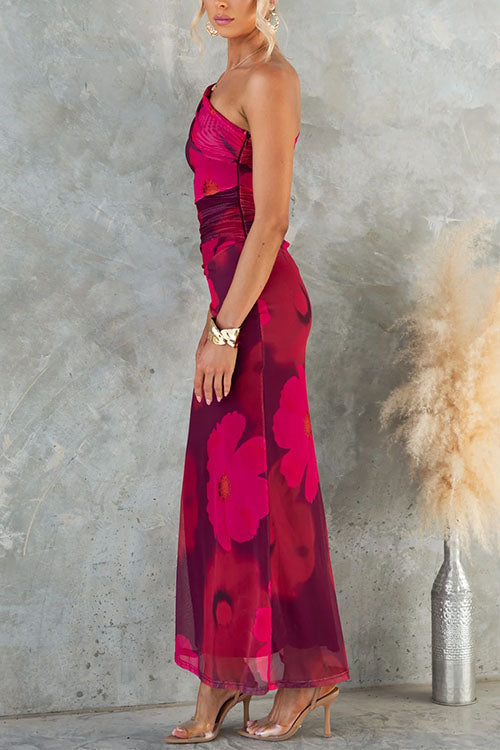 Marianne - One Shoulder Floral Print Mesh Bodycon Maxi Dress