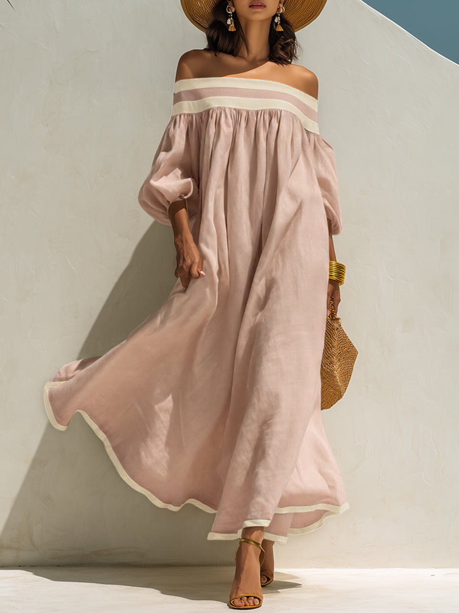 Robe maxi en coton-lin beige, sans épaules et à coupe ample avec des blocs de couleur.