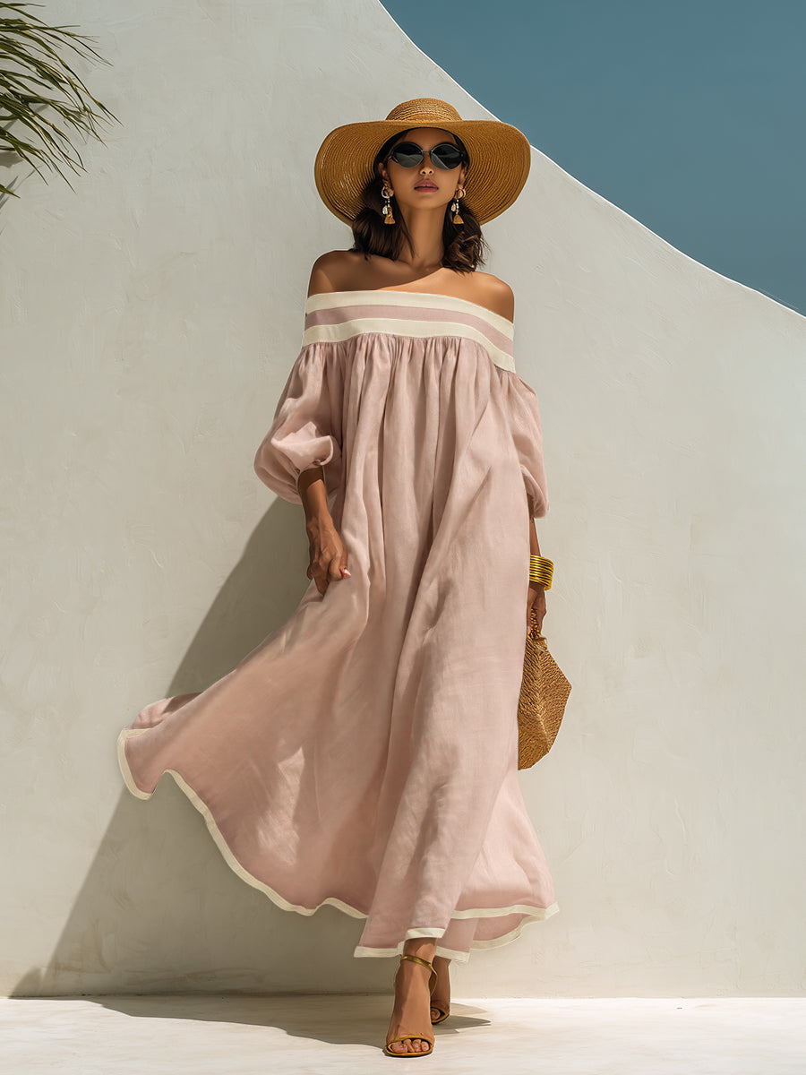Robe maxi en coton-lin beige, sans épaules et à coupe ample avec des blocs de couleur.