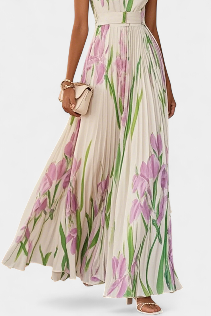 Robe Calanthe Longue Plissée avec Imprimé Floral et Encolure Carrée