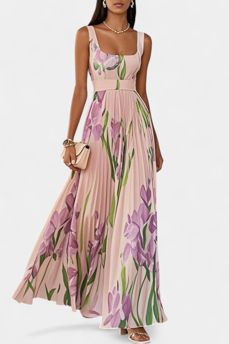 Robe Calanthe Longue Plissée avec Imprimé Floral et Encolure Carrée