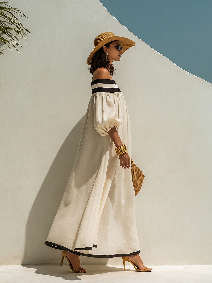 Robe maxi en coton-lin beige, sans épaules et à coupe ample avec des blocs de couleur.