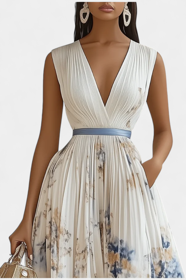 Elise Midi Dress Without Sleeves with Floral Print and Pleats