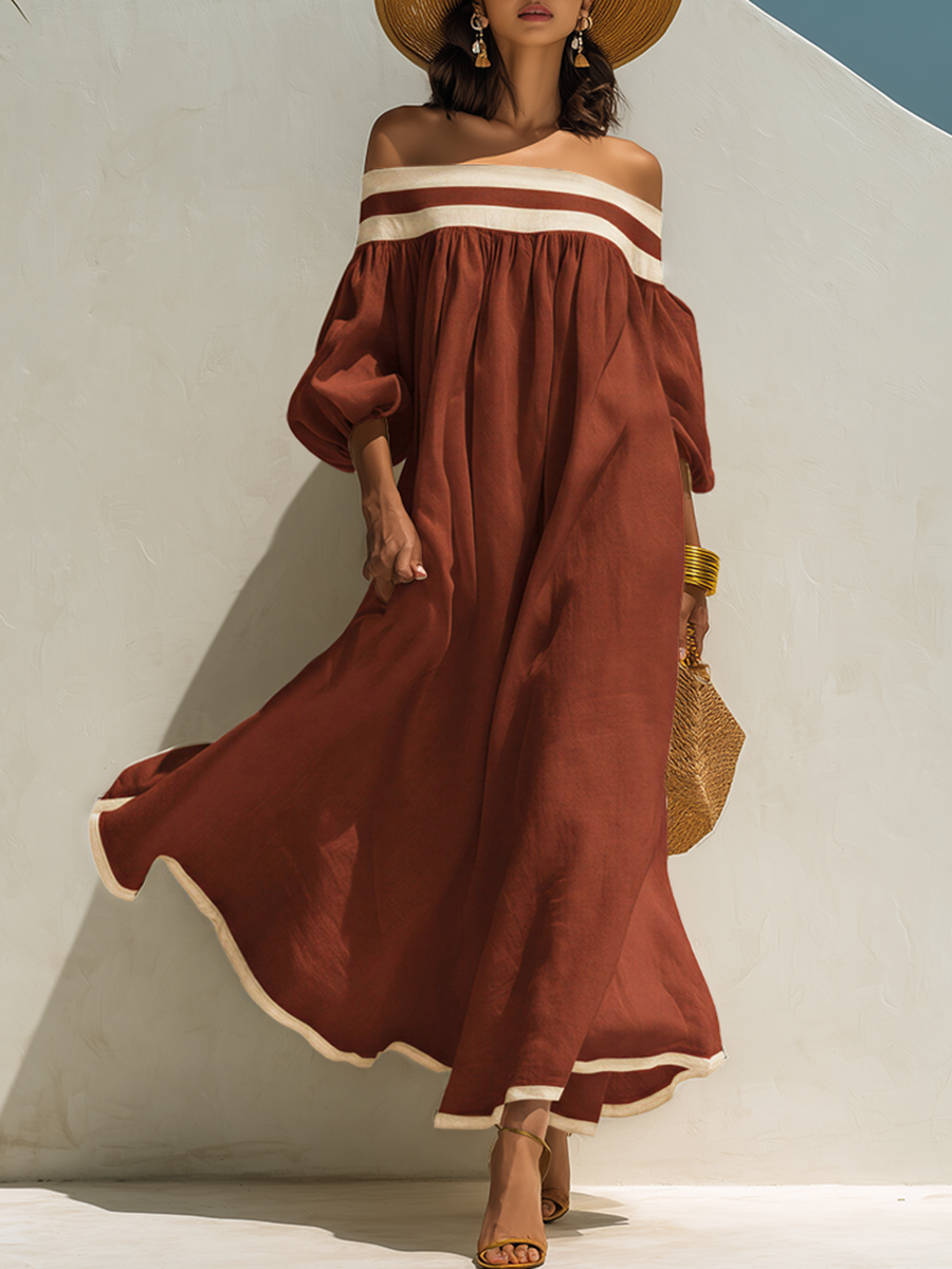 Robe maxi en coton-lin beige, sans épaules et à coupe ample avec des blocs de couleur.