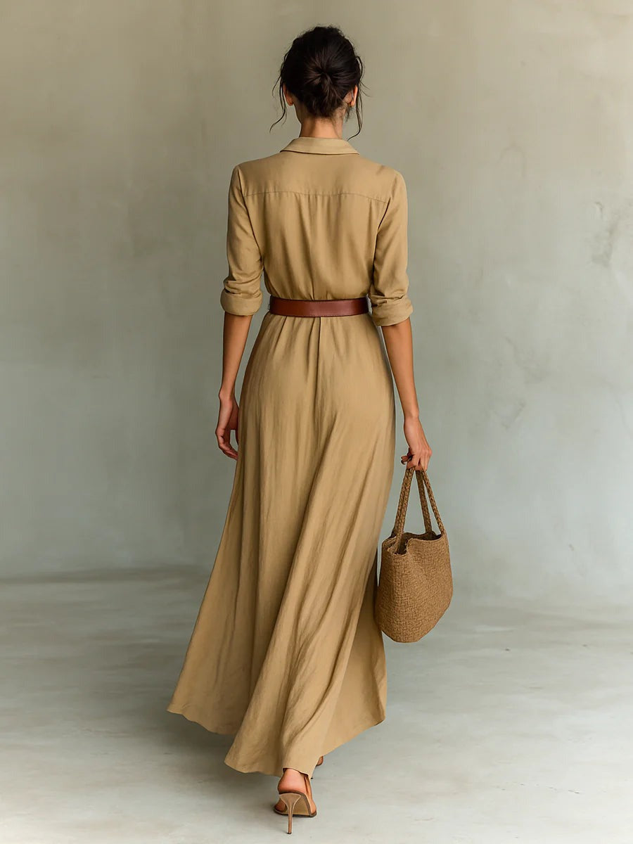 Robe longue avec ceinture, manches longues et revers