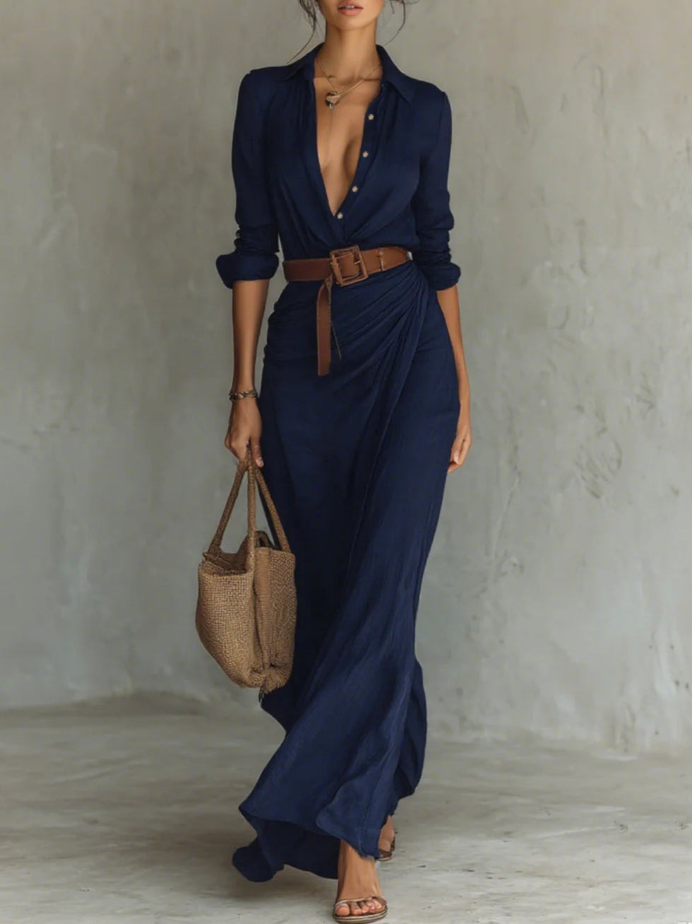 Long dress with belt, long sleeves, and lapels