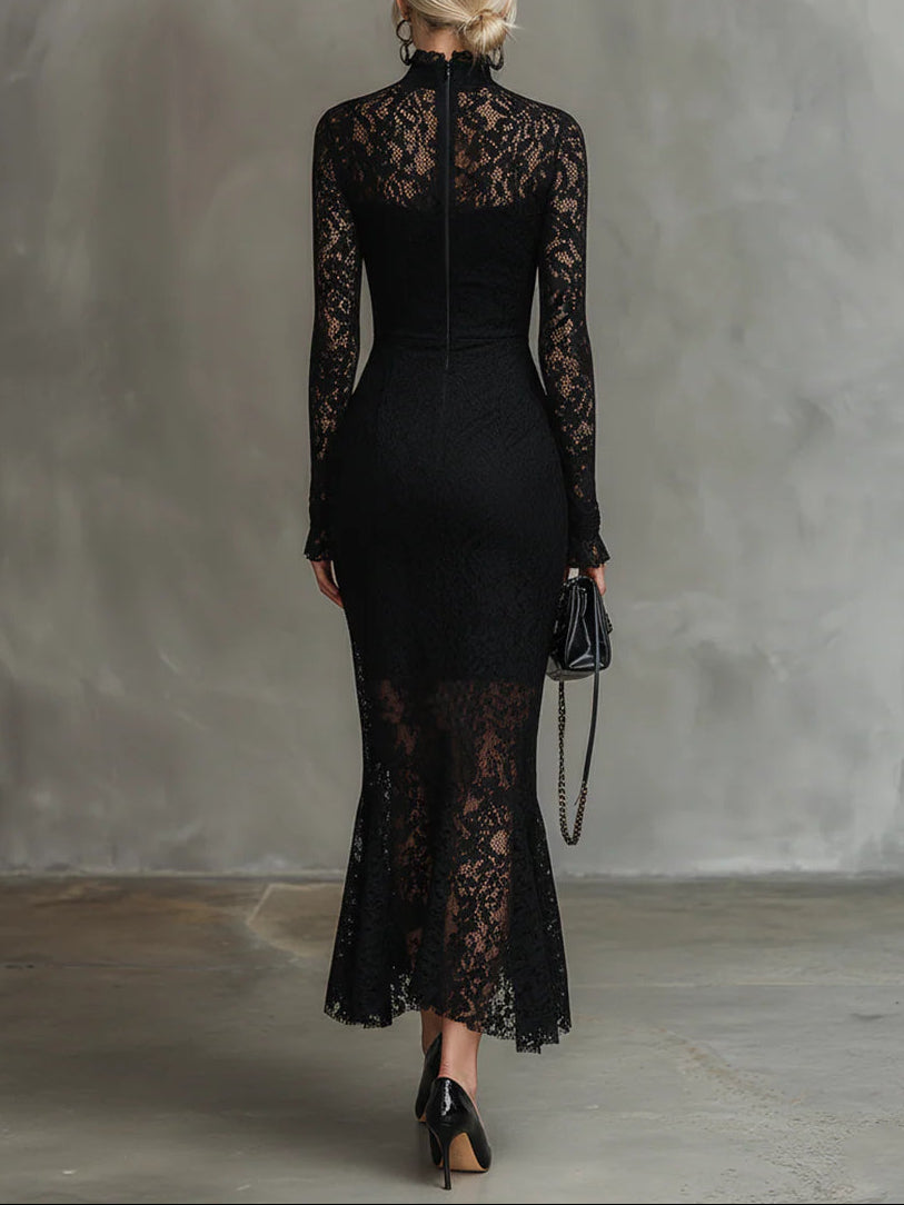 Robe Maxi Élegante en Dentelle Noire Élastique
