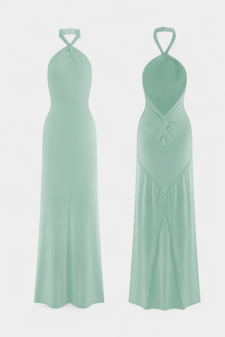Fitted Halter Trinity Dress with Ruching and Open Back