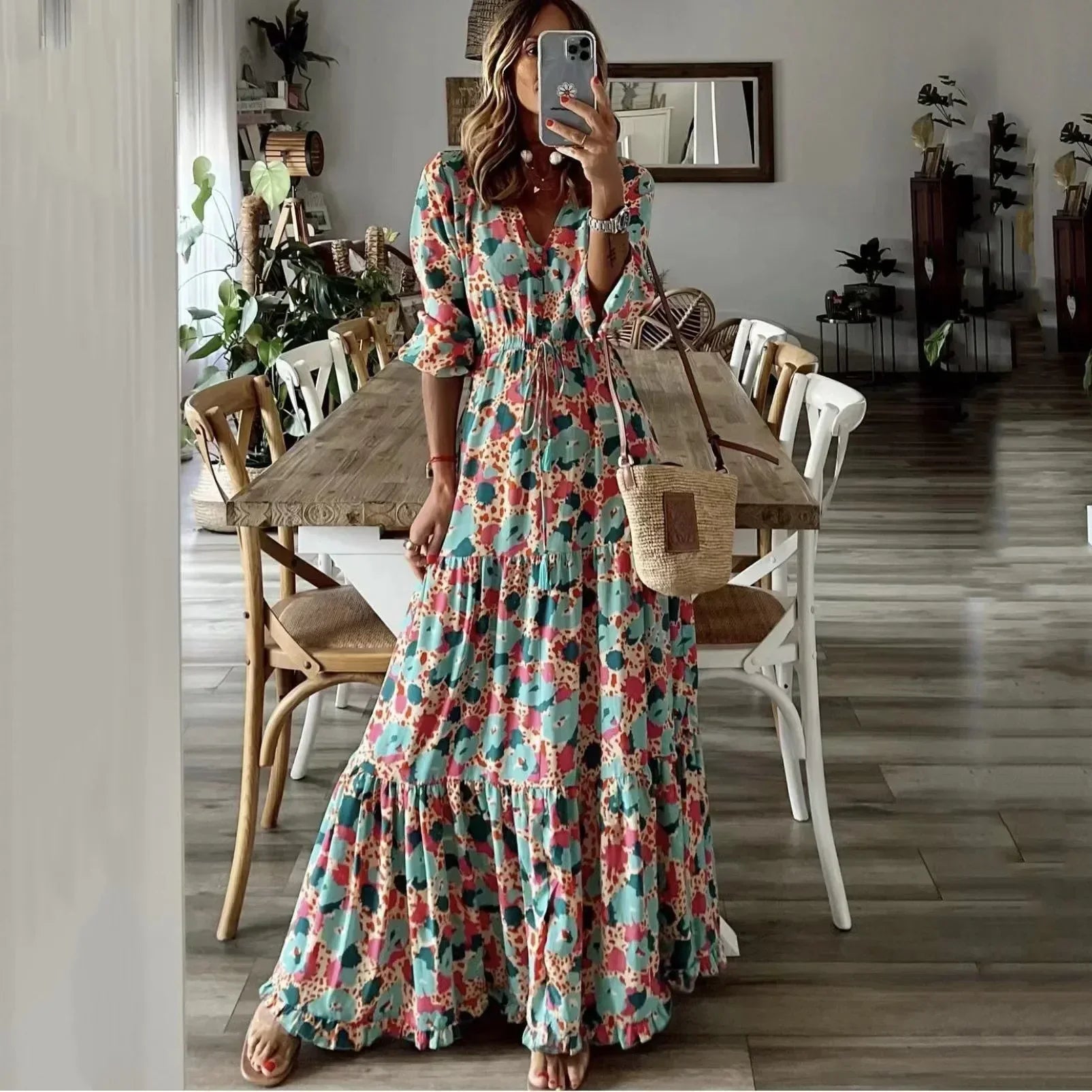 Liora | V-Neck Printed Swing Maxi Dress