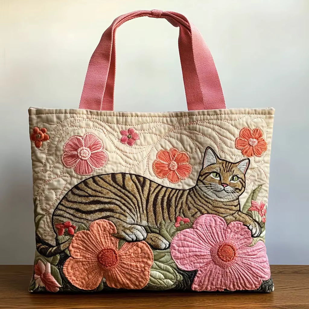 Sac Artisanal Matelassé - Chat Tigré Fleuri