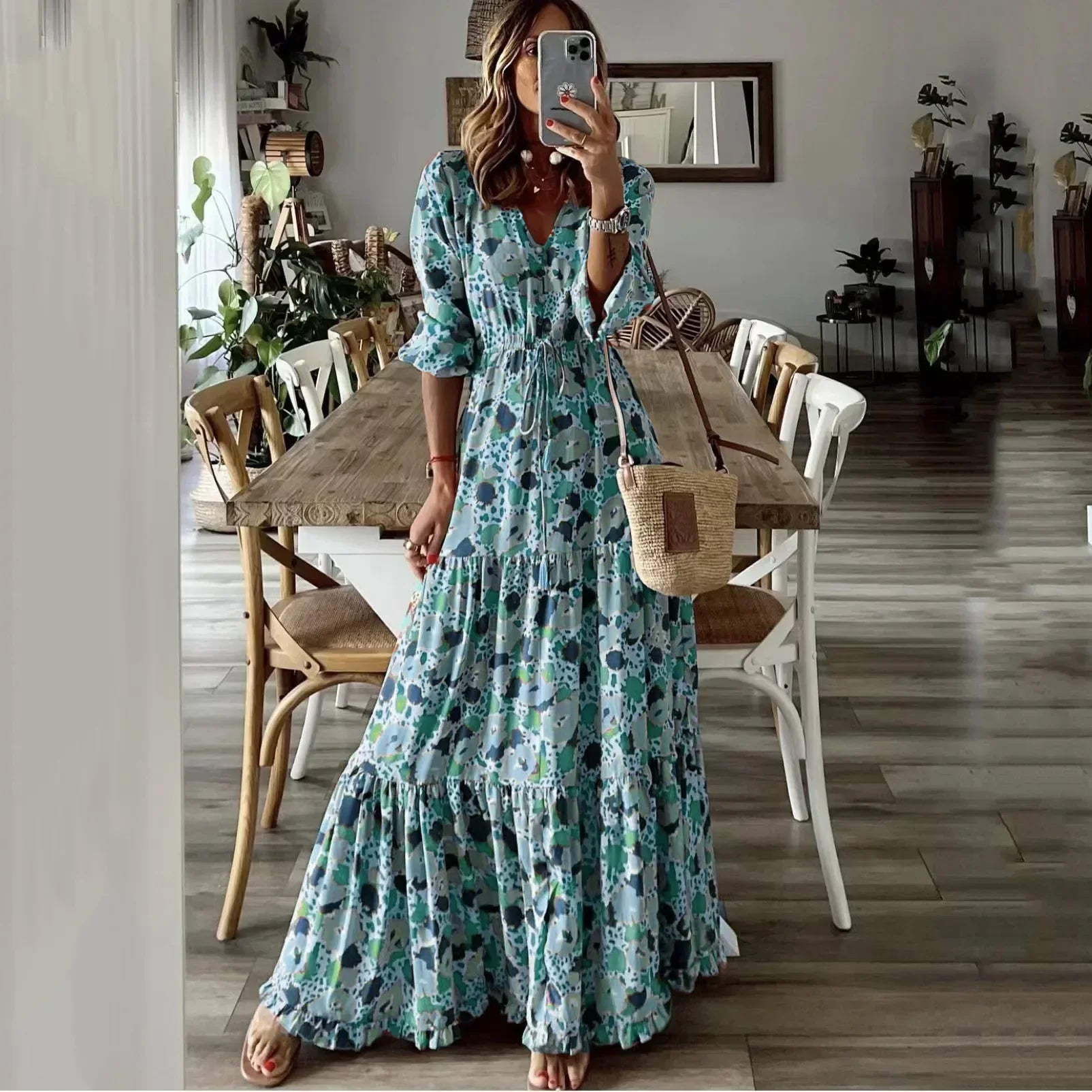 Liora | V-Neck Printed Swing Maxi Dress