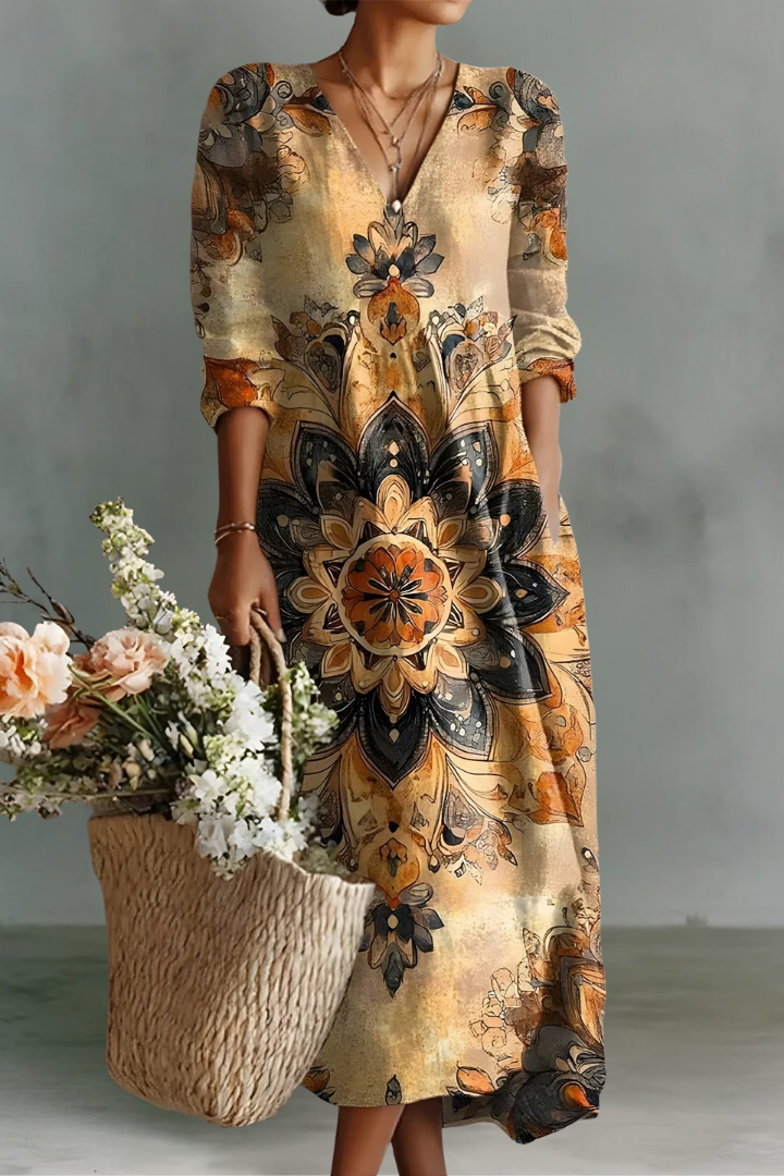 Emily | Robe Longue à Manches Longues en Lin avec Décolleté en V