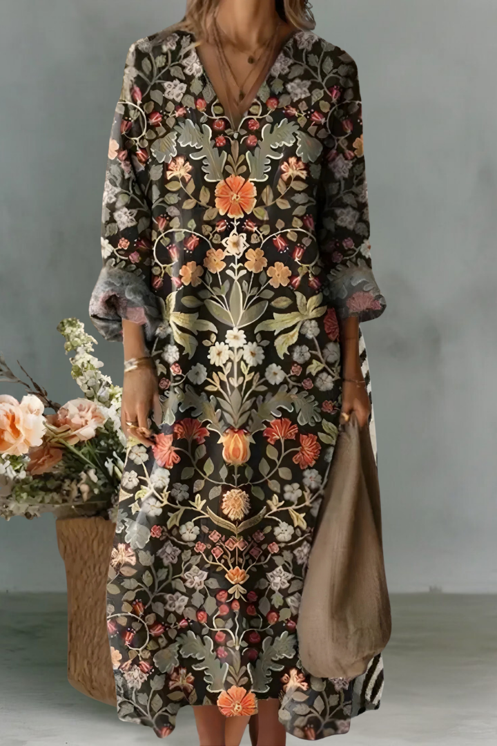 Thea | Robe en Lin à Manches Longues et Col V