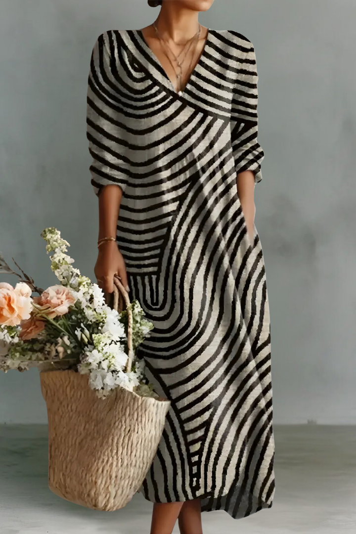 Eliza | Robe Longue à Manches Longues en Lin avec Décolleté en V