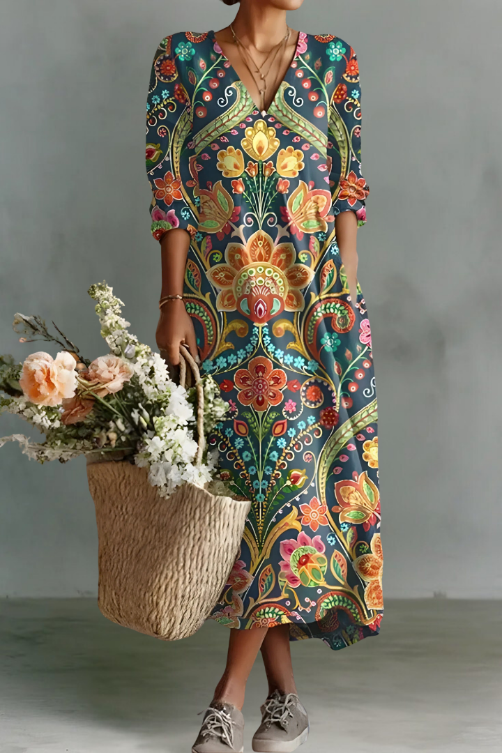 Megan | Robe Longue à Manches Longues en Lin avec Décolleté en V
