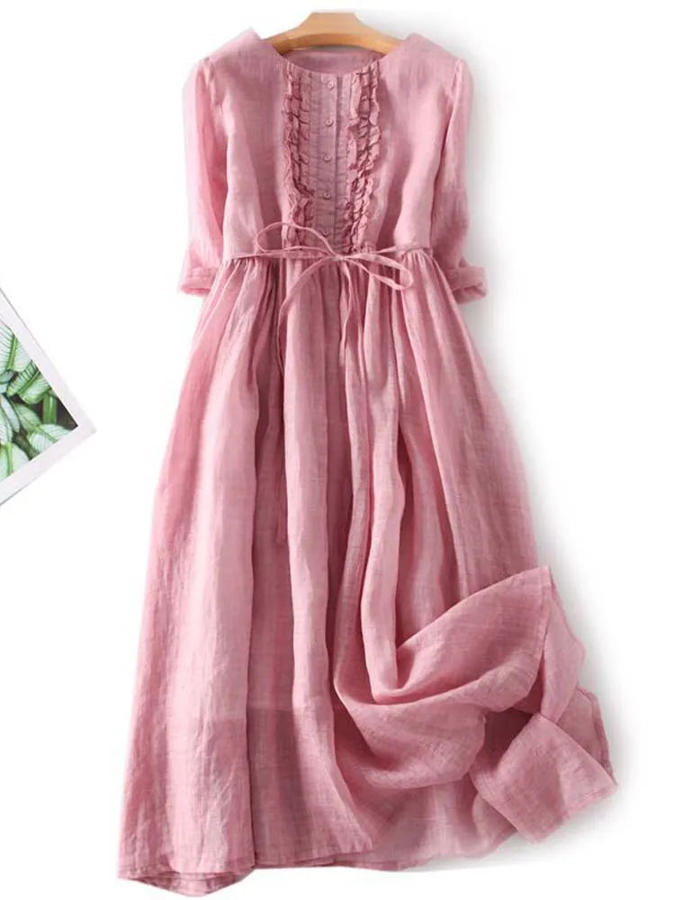 Arya - Womens Art Retro Round Neck Lace Up Waist Dress