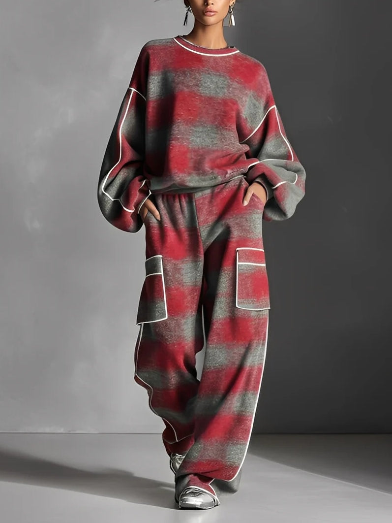 Sweat-shirt et Pantalon Décontracté à Motif Carreaux Rouge et Gris - Ensemble Deux Pièces